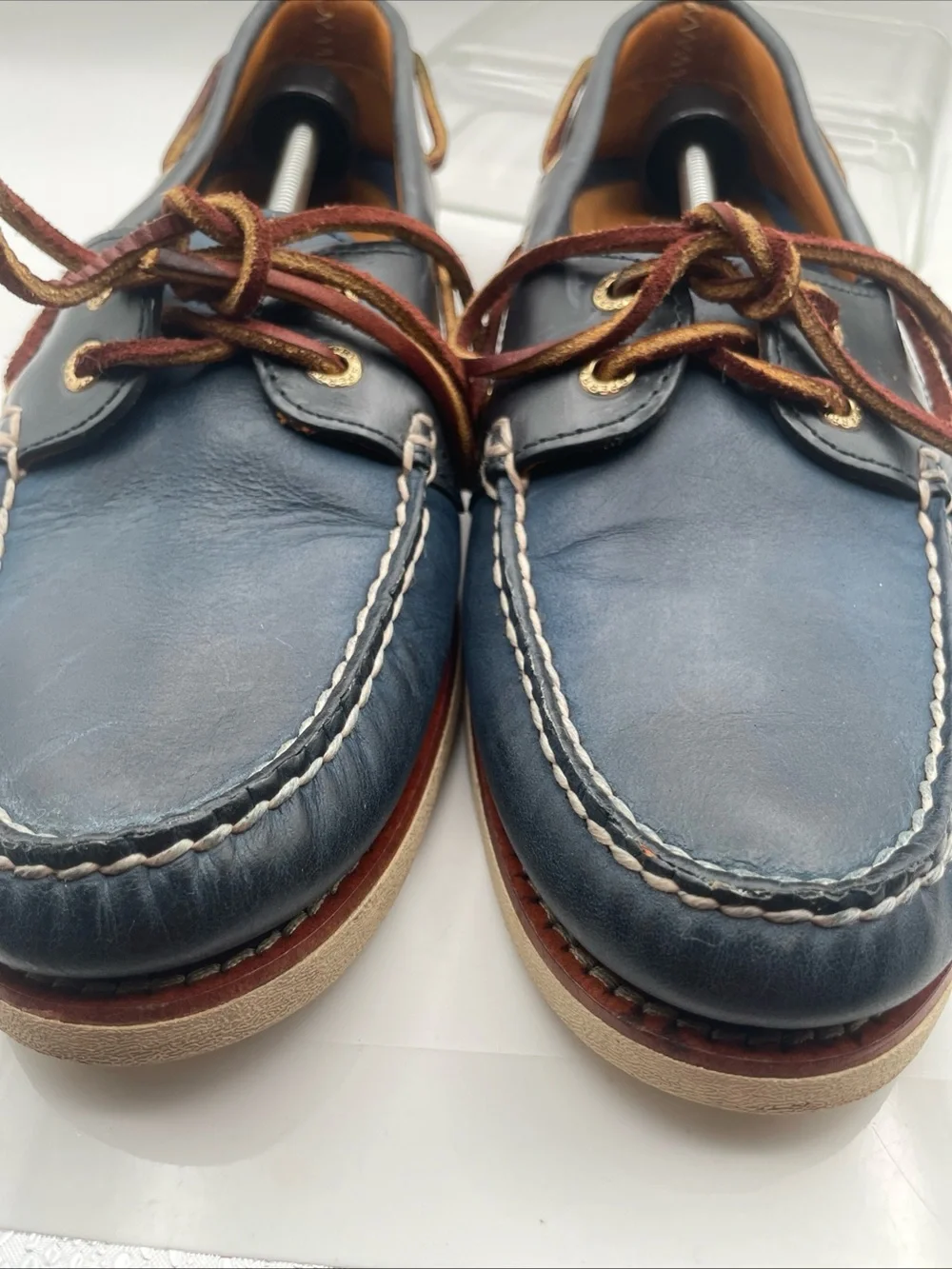 Sperry Gold Cup Navy Leather Boat Shoes with Brown Laces Men’s Size 8.5
